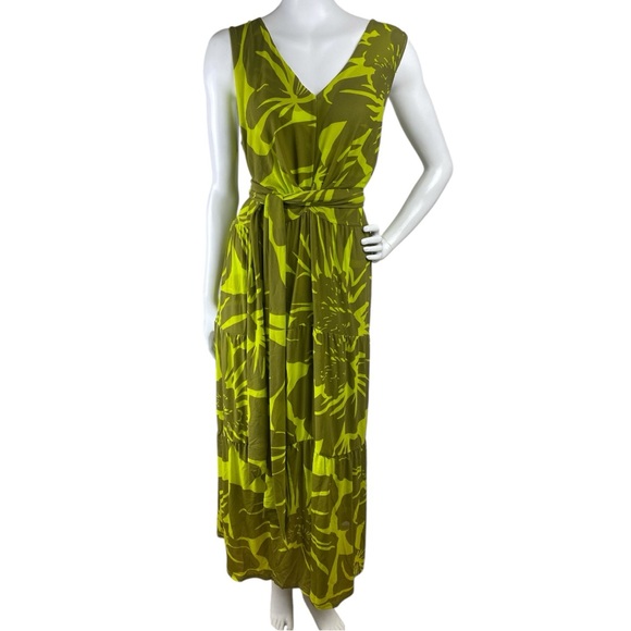 CAbi 5953 Tie Front Dress V-Neck Sleeveless Green Palm Tropical Floral Sz Large - Picture 10 of 17